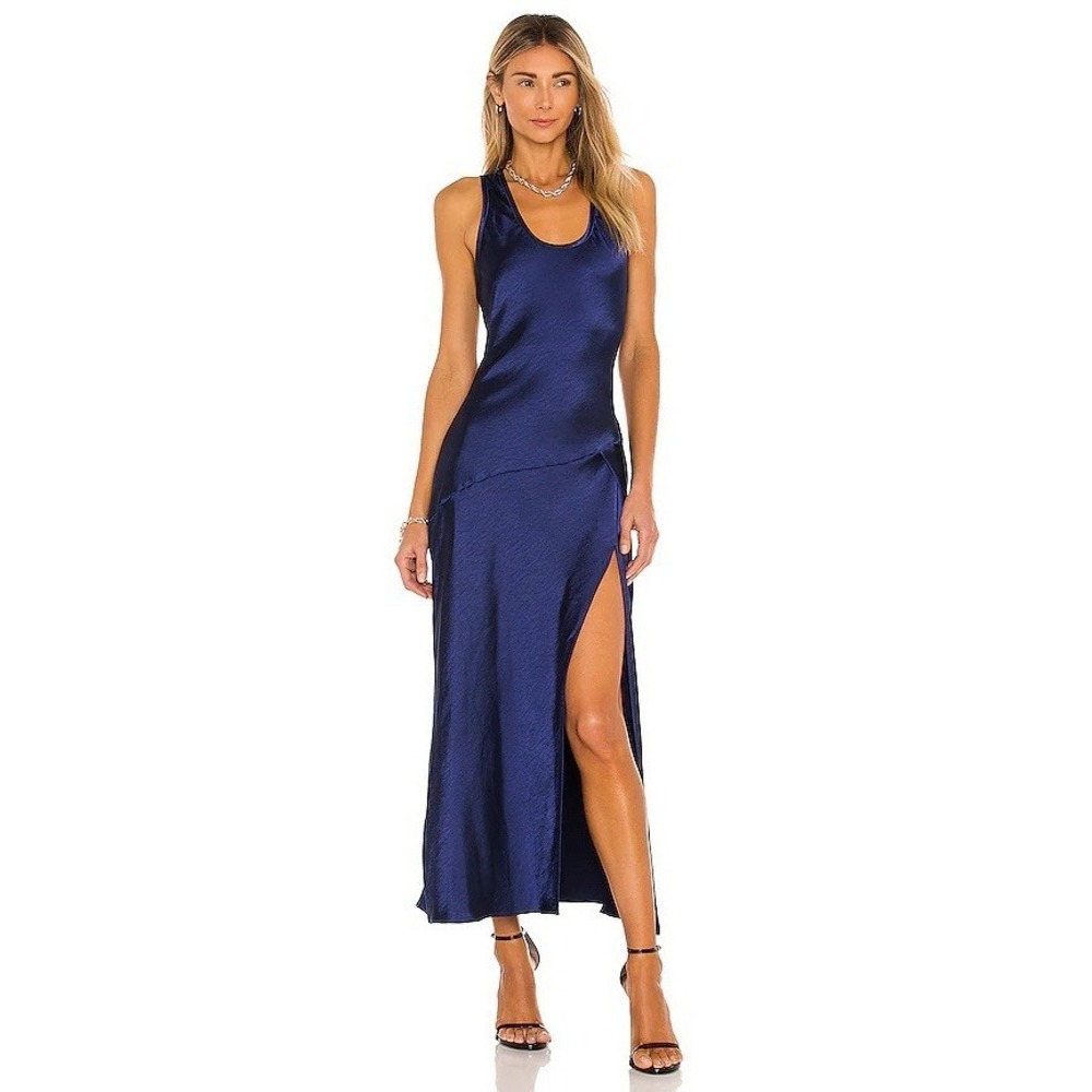 NWT $228 L'Academie Navy Satin Slip Racerback Tank Midi Dress L Cocktail Sz M